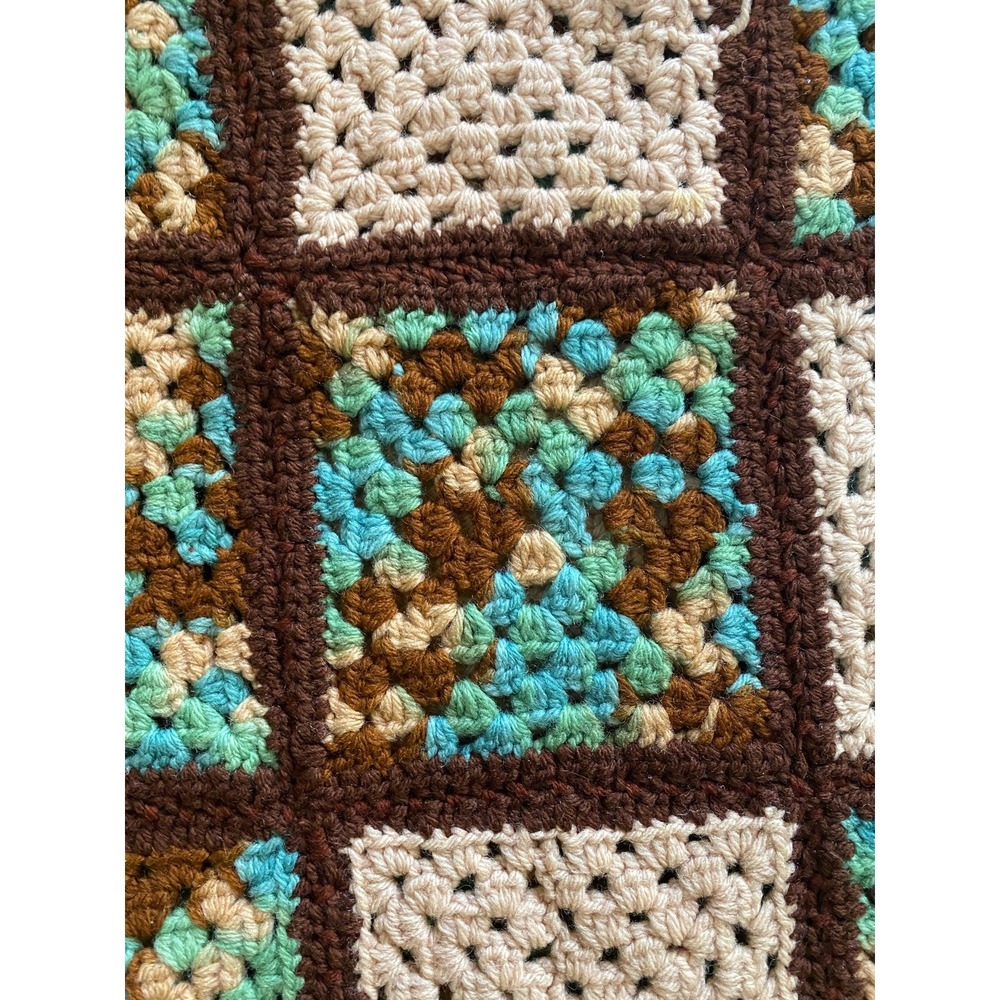 Handmade Granny Square Tan, Brown Green Crochet Afghan Throw Blanket Cottagecore